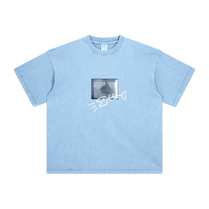 260GSM Unisex Heavyweight Re-Washed Distressed Crew Neck T-shirt Sky Blue
