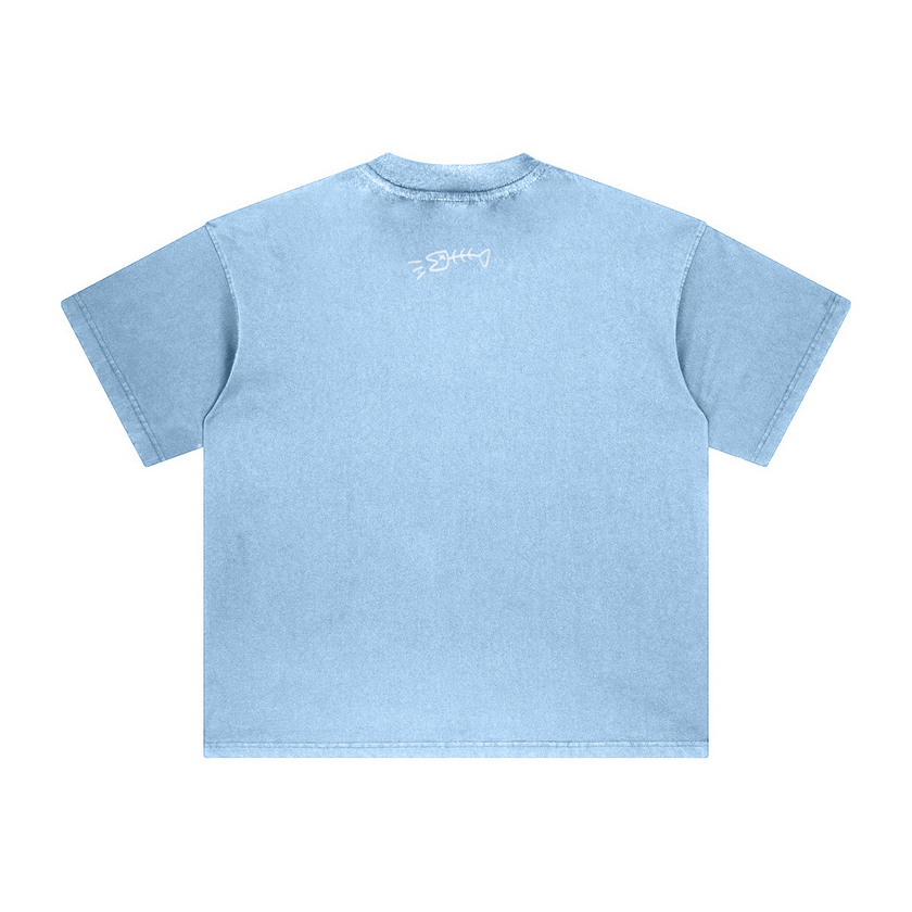 260GSM Unisex Heavyweight Re-Washed Distressed Crew Neck T-shirt Sky Blue